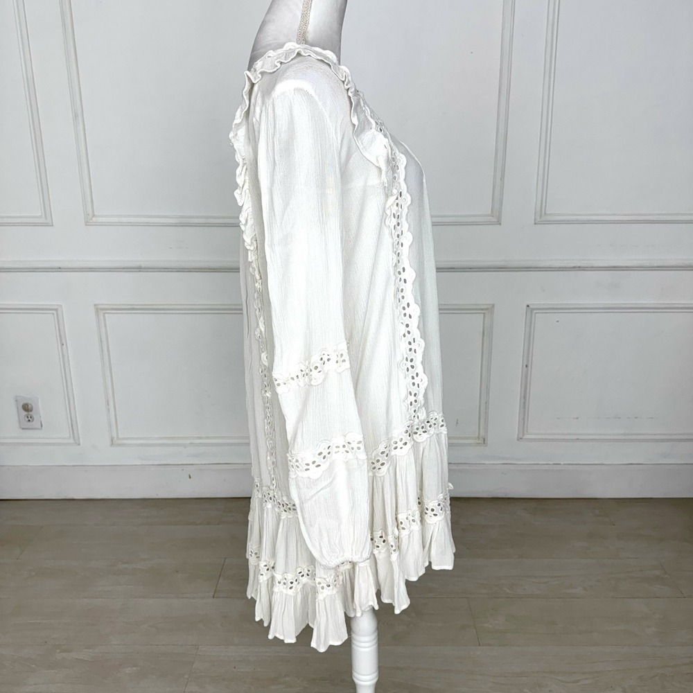 Free People Snow Angel White Eyelet Lace Ruffle Gauze Mini Dress Boho Small - Picture 9 of 9